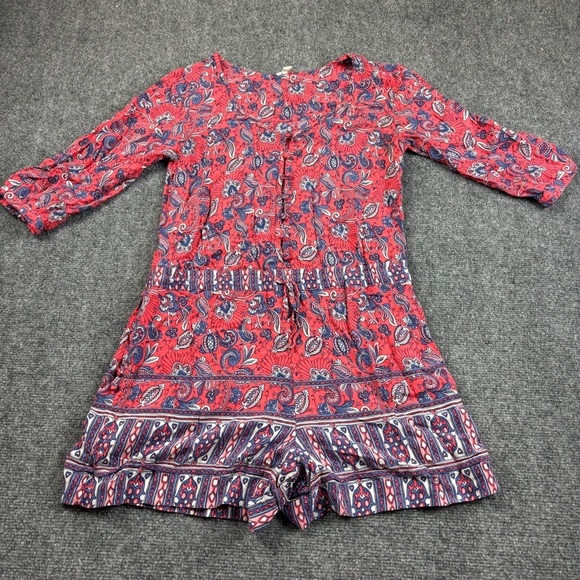 Rip Curl Pants - RIP CURL Women’s Half Sleeve Shorts Romper Red/Blue Paisley size: Small
